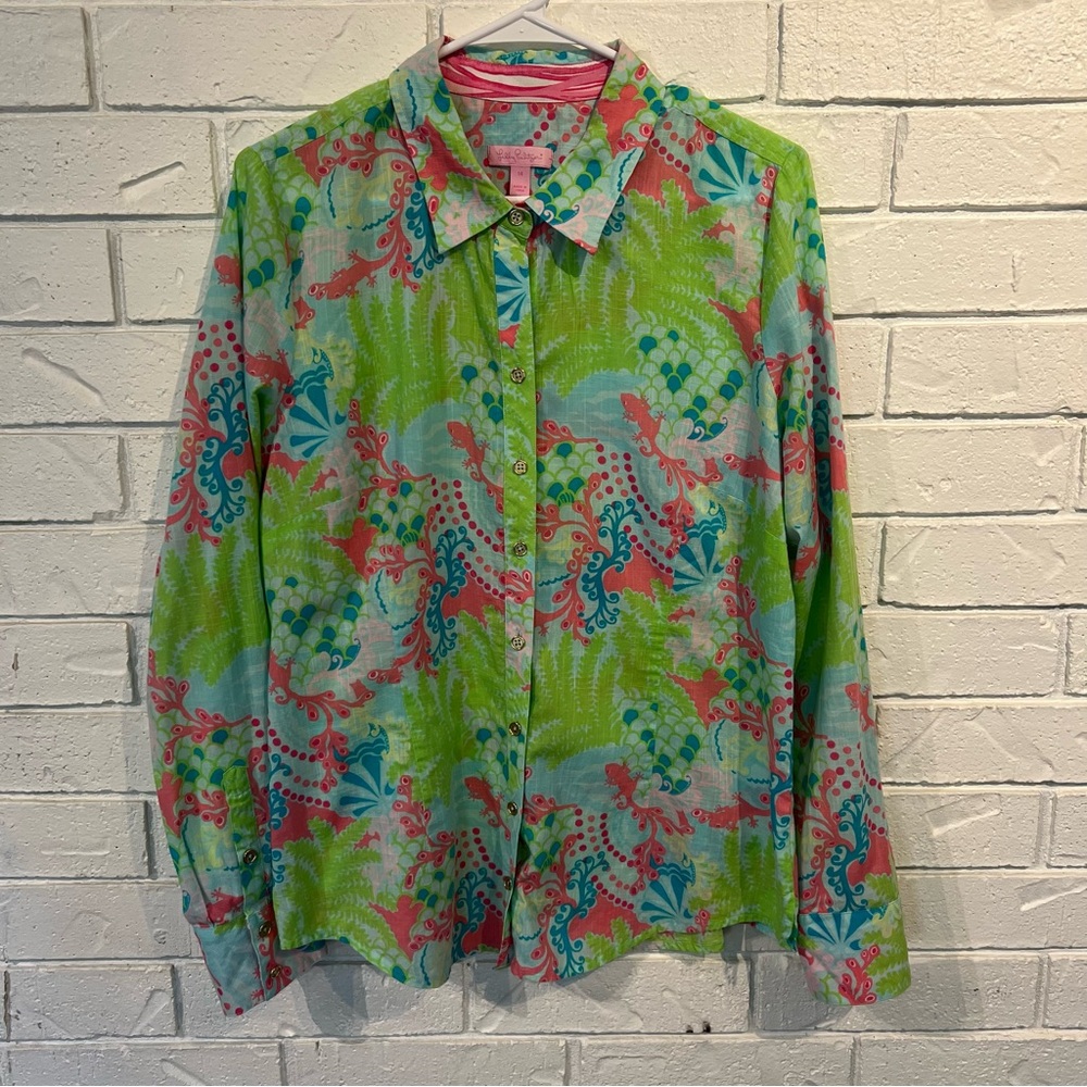 Lilly Pulitzer 100% Cotton Flip Cuff Long Sleeve Buttondown Shirt Womens 14